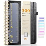 Spiral Notebook Journal with 300 Numbered Pages, Lined Hardcover Leather Spiral Journals for Men Women, B5 College Ruled Notebooks 7.6'x10', 100GSM Thick Spiral Notebook for Writing Work School, Black