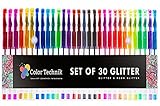 Glitter Gel Pens by Color Technik, Set of 30 Glitter Pens, Best Assorted Colors, Now with More Ink, Enhance Your Adult Coloring Book Experience Now, Perfect Gift Idea